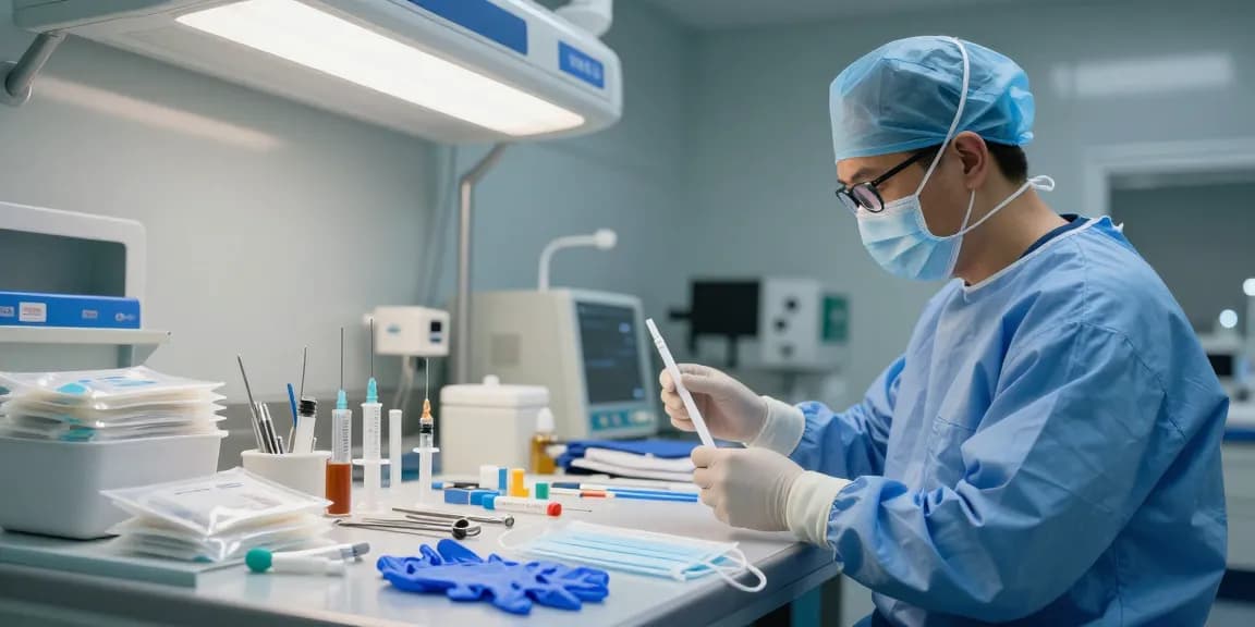 Focused medical professional examining disposable medical devices in a clinical setup.