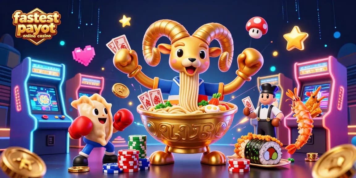 Experience the fastest payout online casino with a vibrant, dynamic 3D illustration featuring a golden ramen bowl dealer.