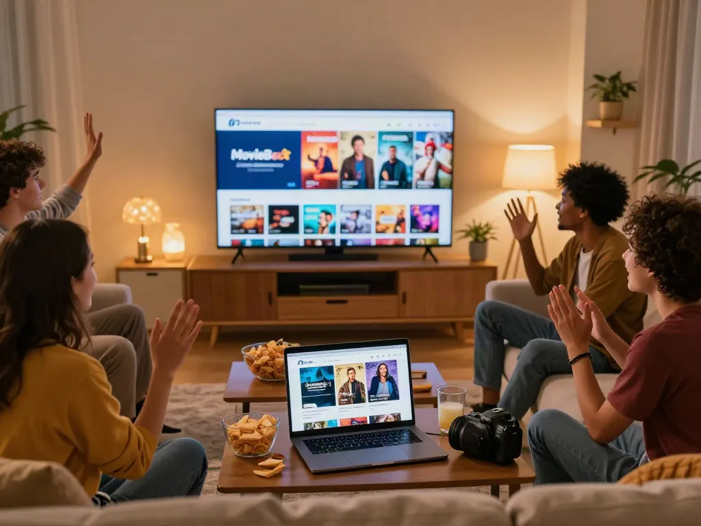 Friends enjoying a movie night using the download moviebox app on a smart TV.