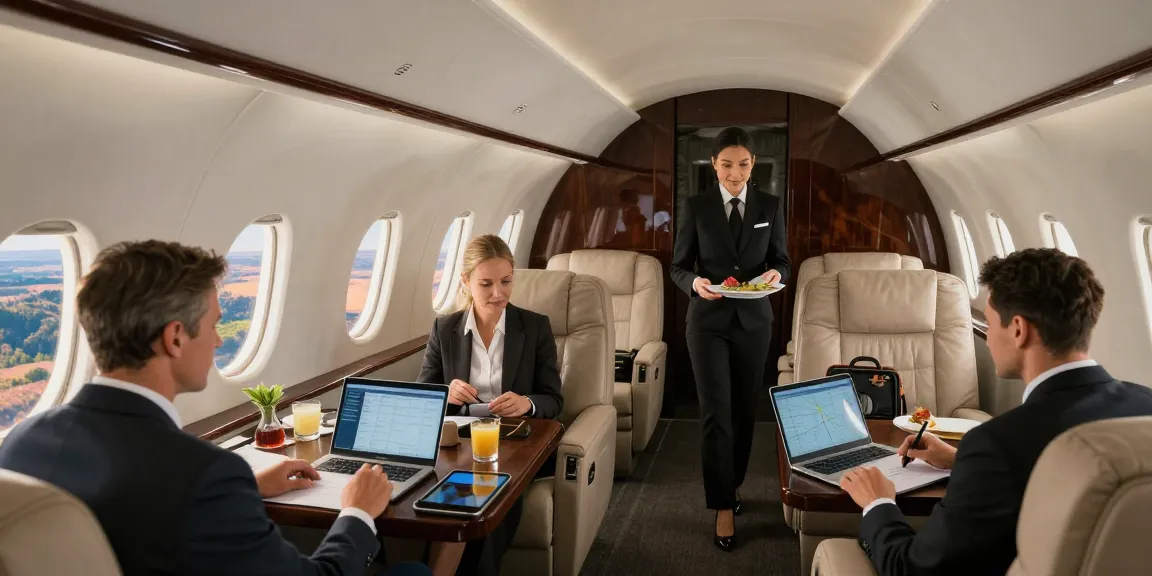 Flight charter Ontario: Business professionals enjoying comfort in a private aircraft during golden hour.