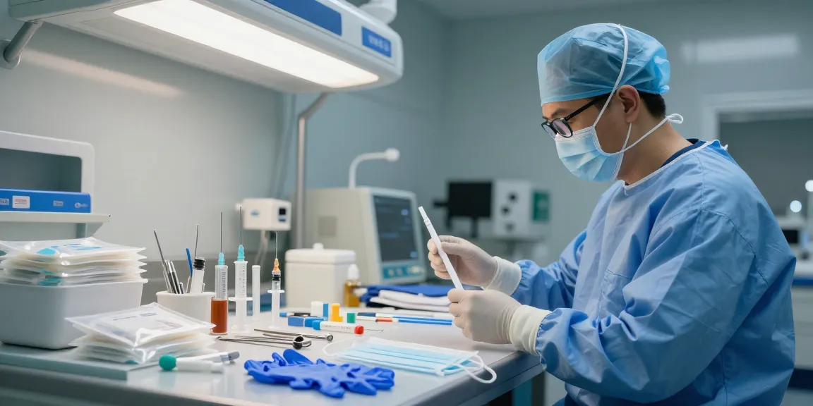 Focused medical professional examining disposable medical devices in a clinical setup.
