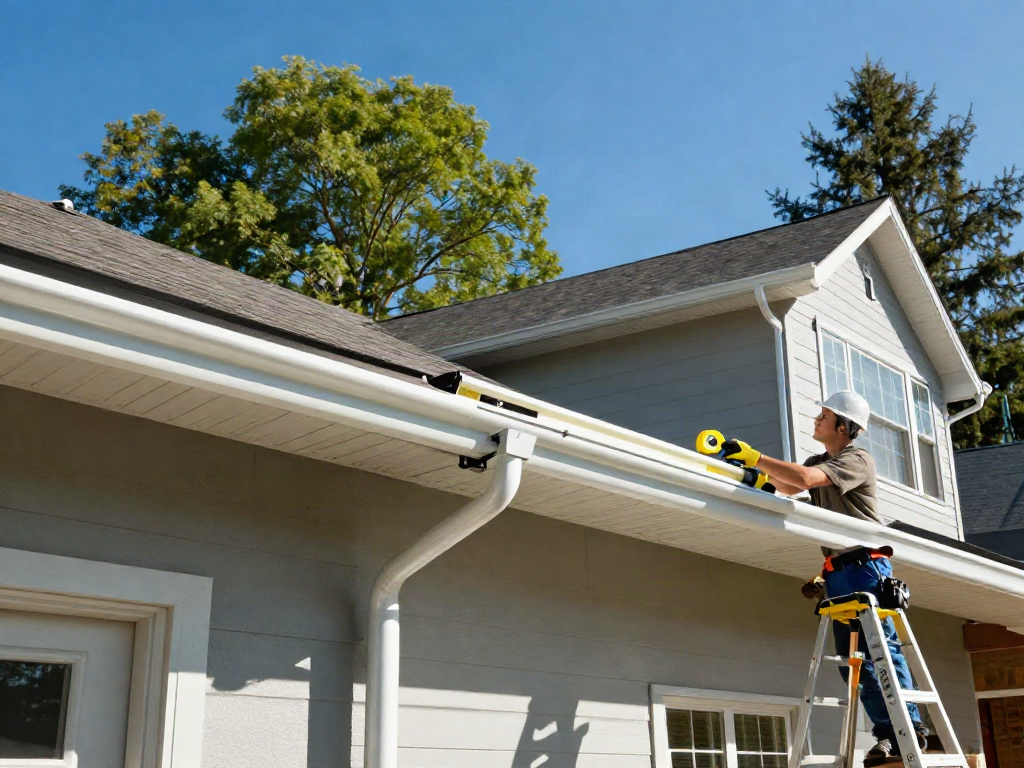 Spokane gutter installation process showcasing a contractor at work on a residential home.